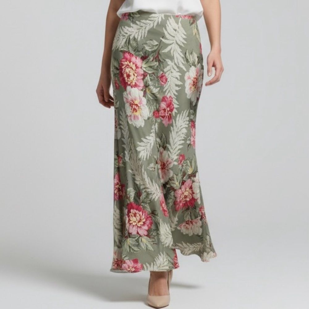 Vintage Y2K Jones New York Silk Floral Maxi Skirt in Sage with Pink Bloom Sz 4